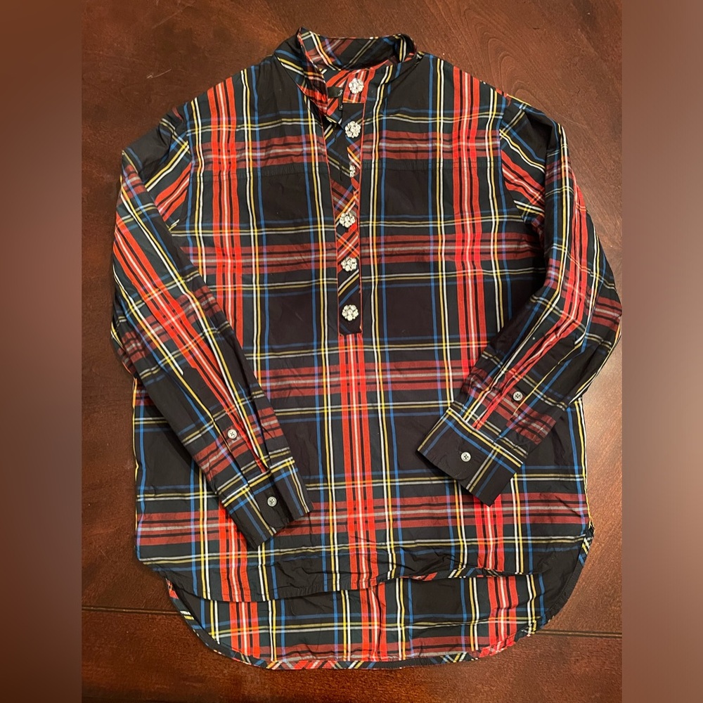 J.Crew women’s long sleeve Tartan Plaid Popover with jeweled sleeves size 2